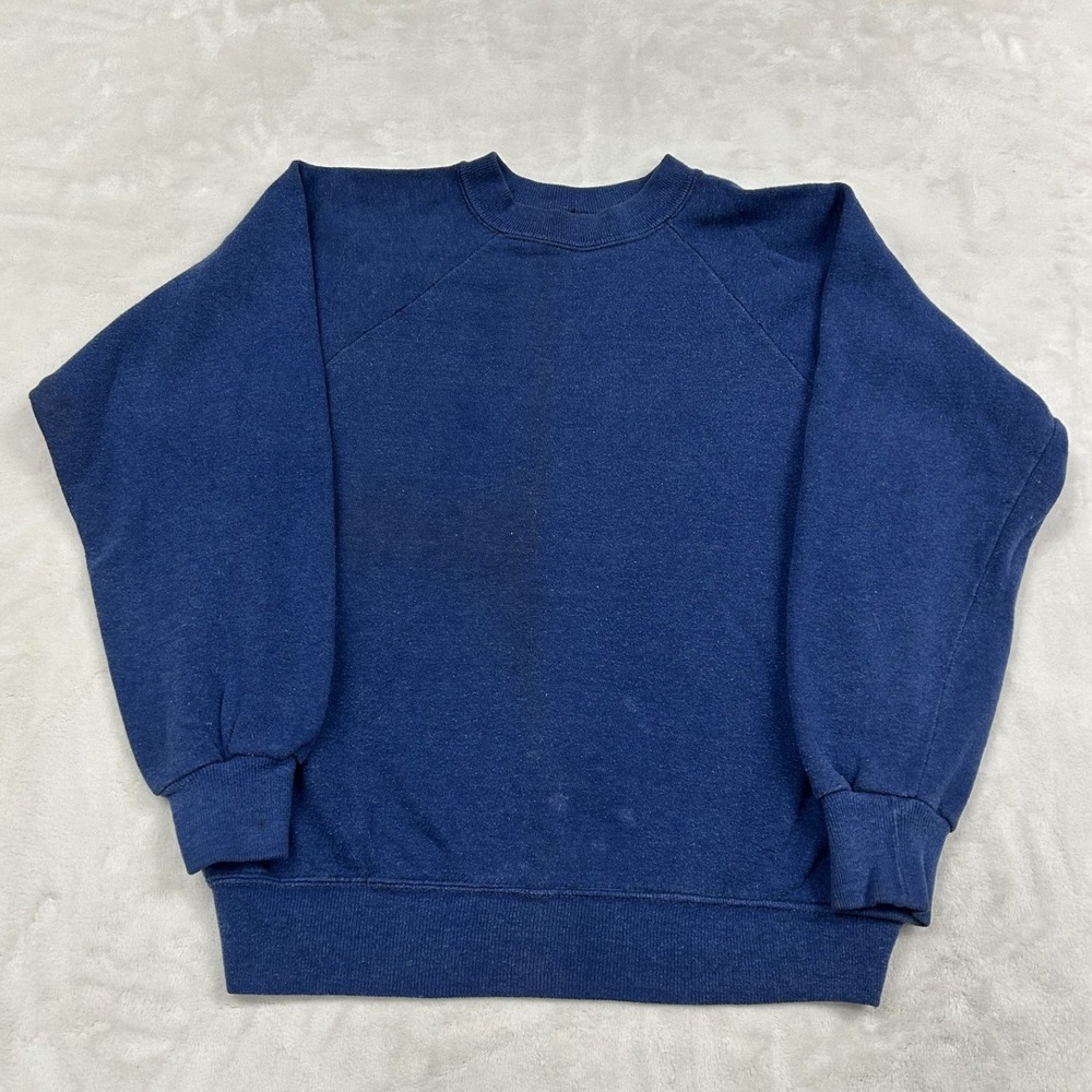 80s Vintage Sweatshirt Mens L Blue Raglan Sleeve Blank Crewneck Pullover Faded